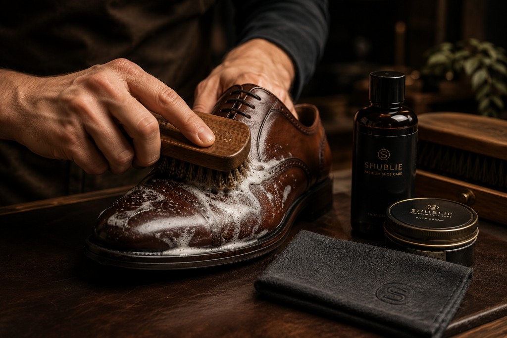 Shublie artisan cleaning a premium leather brogue with professional shoe-care products