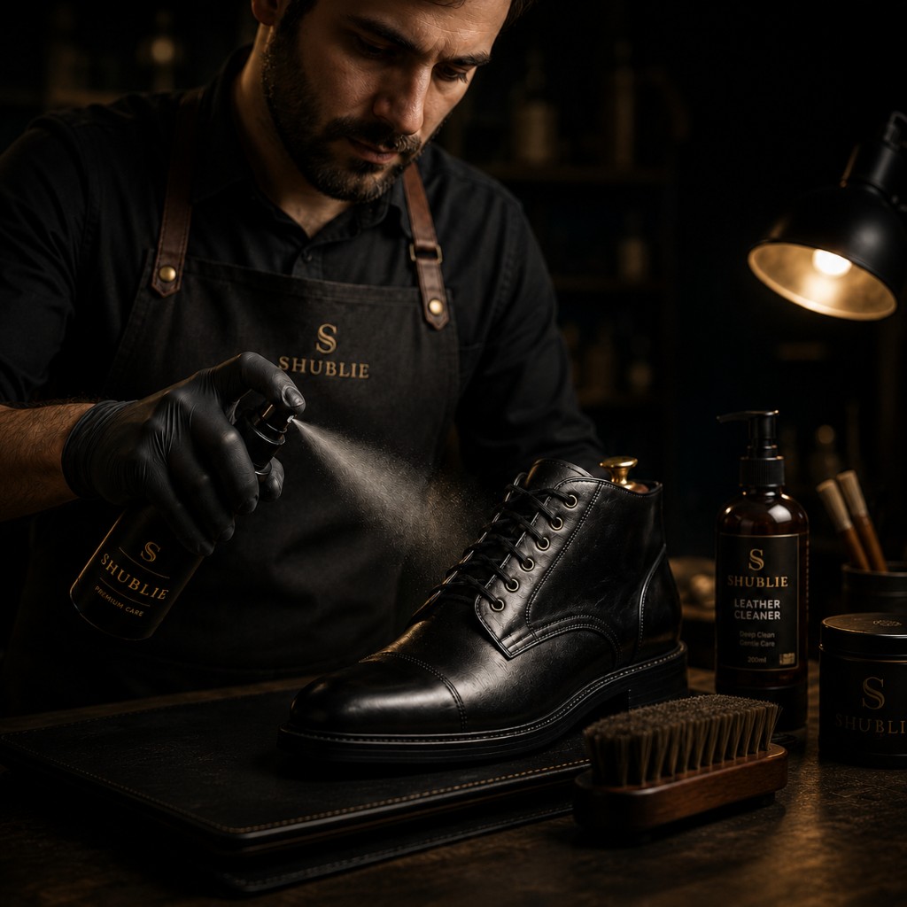 Shublie artisan applying premium care spray to a leather boot