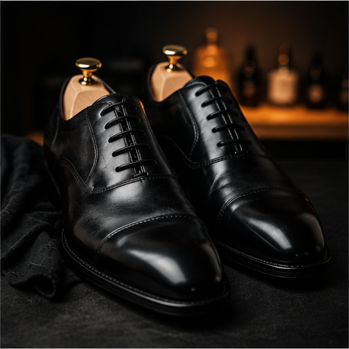 Polished black leather oxfords with wooden shoe trees