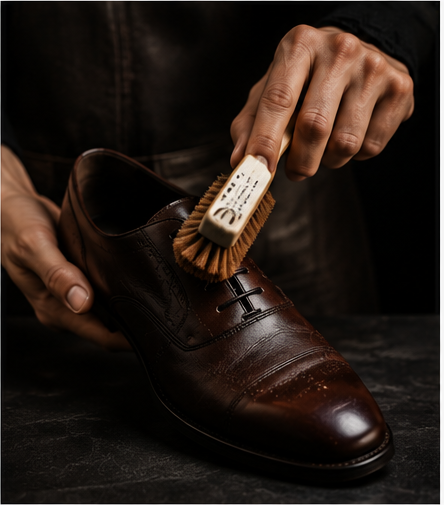 Artisan brushing a leather dress shoe