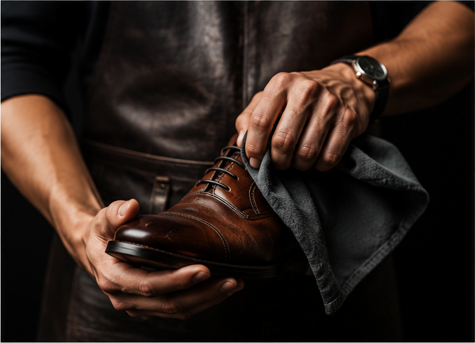 Hands polishing a leather shoe with a cloth