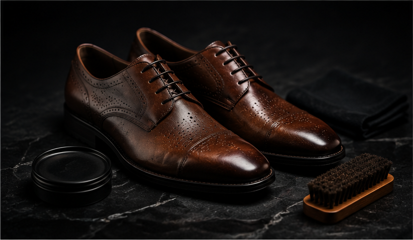 Brown brogues with polish tin and brush