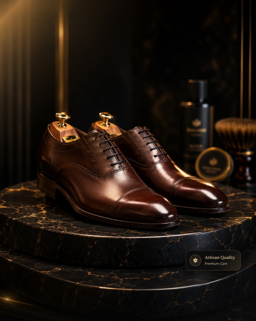 Polished brown leather oxfords on marble pedestal